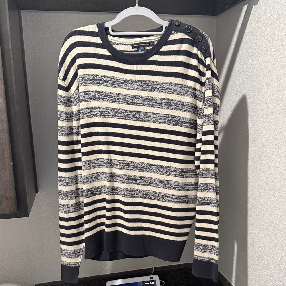 French Connection Navy and Cream Striped Crewneck Sweater